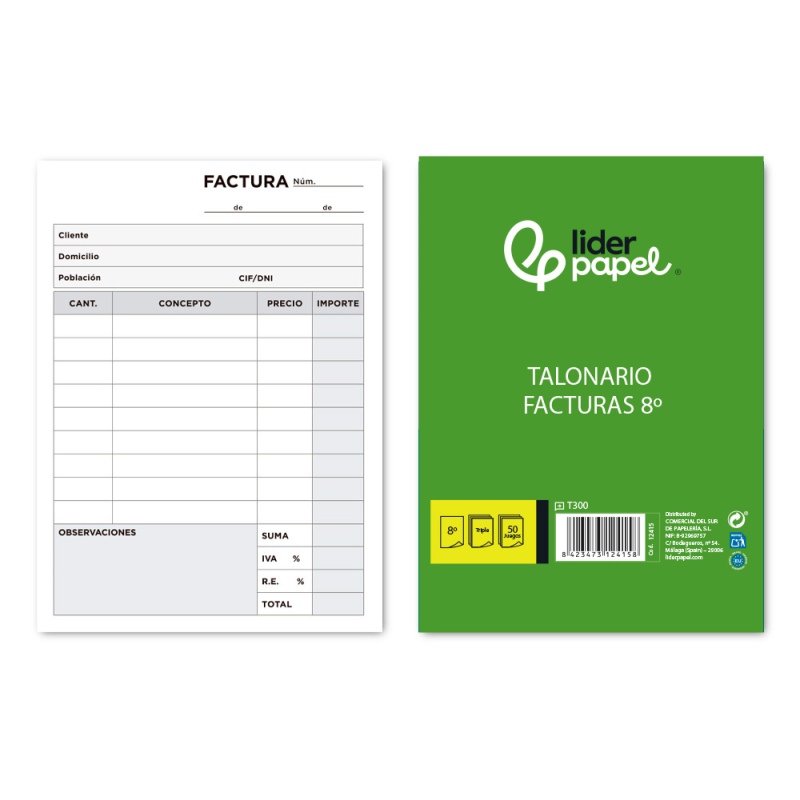 Talonario liderpapel facturas 8º original y 2 copias t300 con i.v.a.