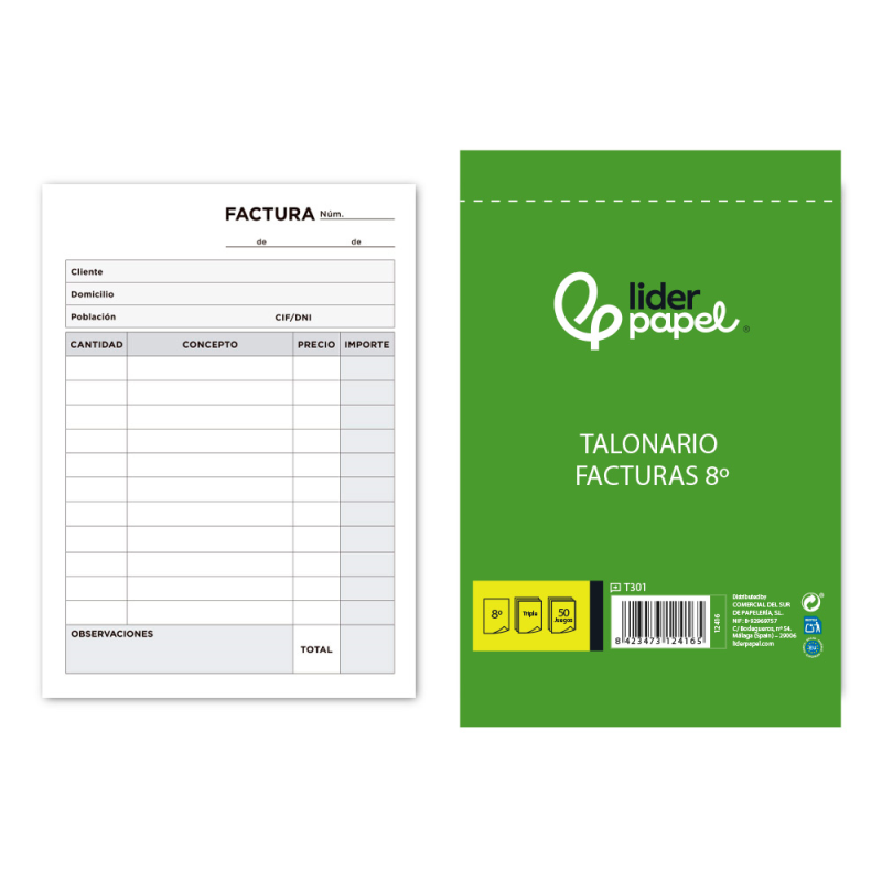 Talonario liderpapel facturas 8º original y 2 copias t301 sin i.v.a.