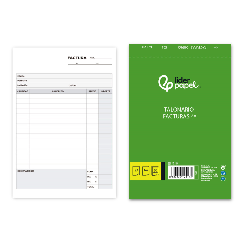 Talonario liderpapel facturas cuarto original y copia t216 con i.v.a.