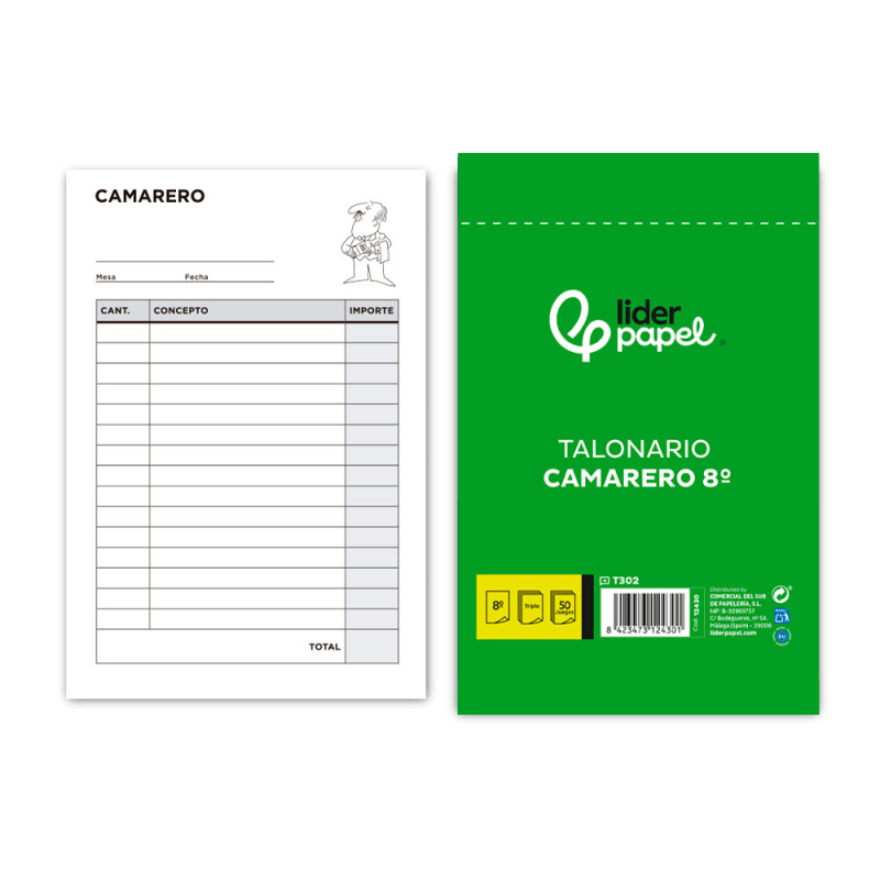 Talonario liderpapel camarero 8º original y 2 copias t302
