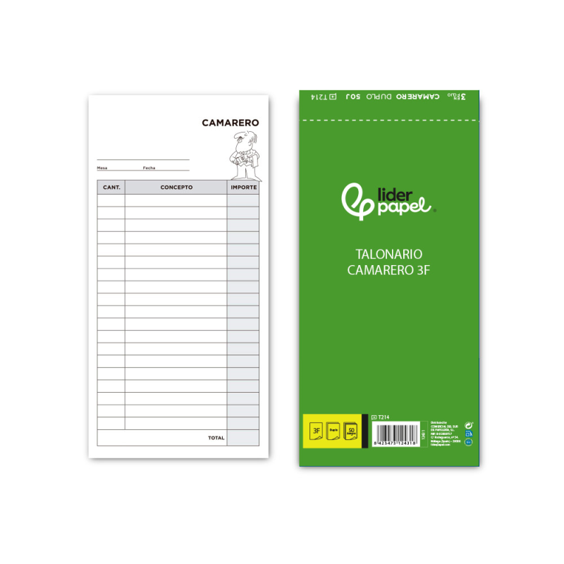 Talonario liderpapel camarero 3/fº original y copia t214