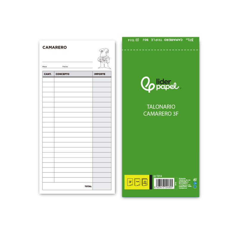 Talonario liderpapel camarero 3/fº original y 2 copias t314