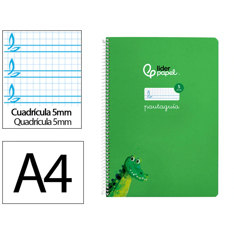 Cuaderno espiral liderpapel a4 pautaguia tapa dura 80h 90gr cuadro pautado 5mm color verde