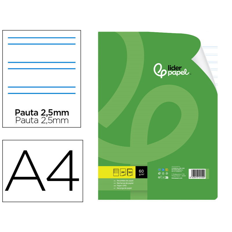Recambio liderpapel a4 100 hojas 60gr pauta 5ª 2.5mm con margen 4 taladros