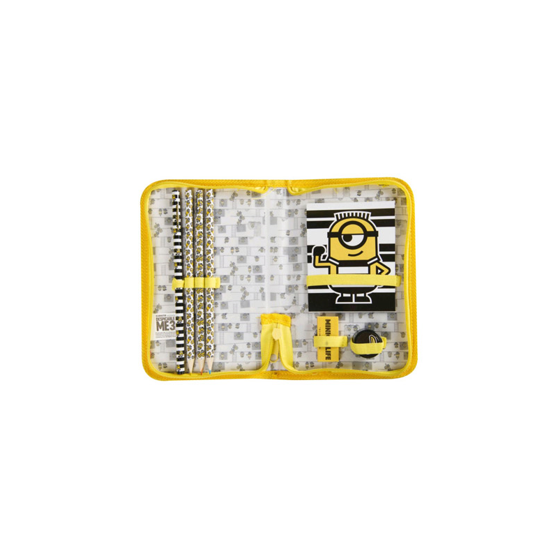 Bolso portatodo con cremallera minions con libreta goma sacapuntas y lapices colores
