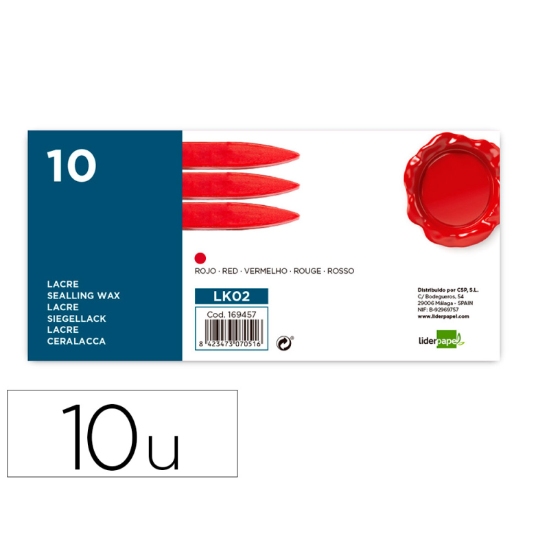 Lacre liderpapel rojo caja de 10 barras