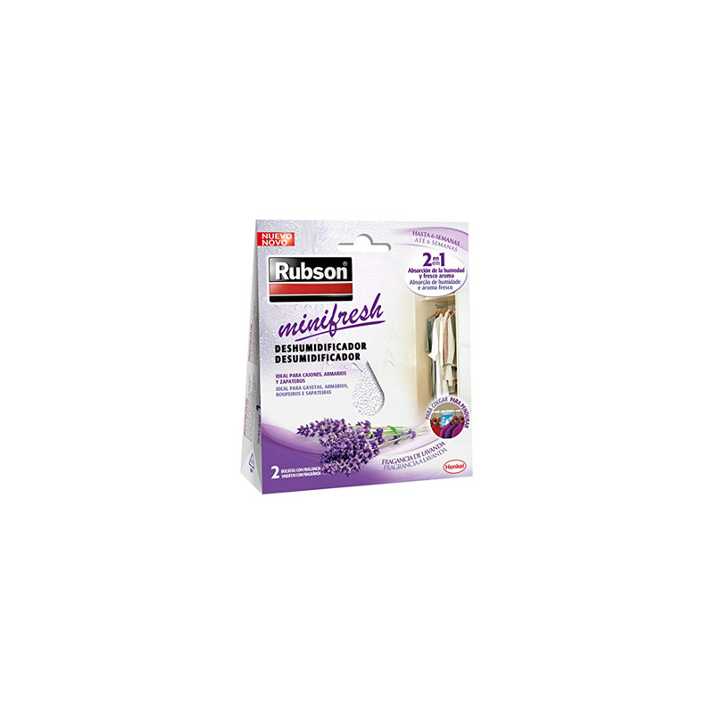 Deshumidificador rubson mini fresh lavanda accion 2 en 1 pack 2 bolsitas de 50 gr