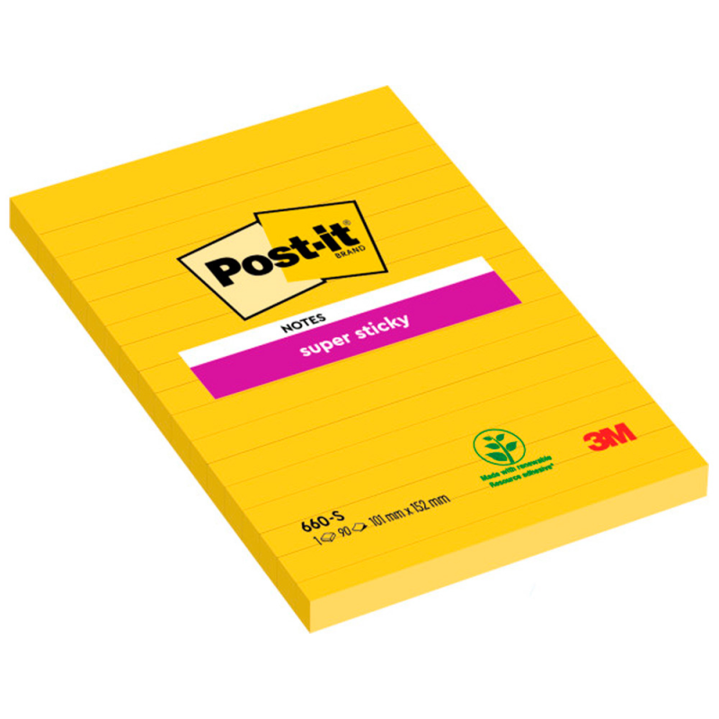 Bloc de notas adhesivas quita y pon post-it super sticky rayado amarillo ultra 101x152 mm