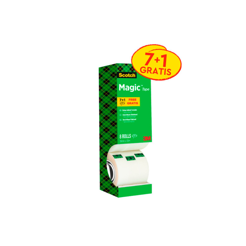 Cinta adhesiva scotch magic invisible 33 mt x 19 mm pack de 8 unidades