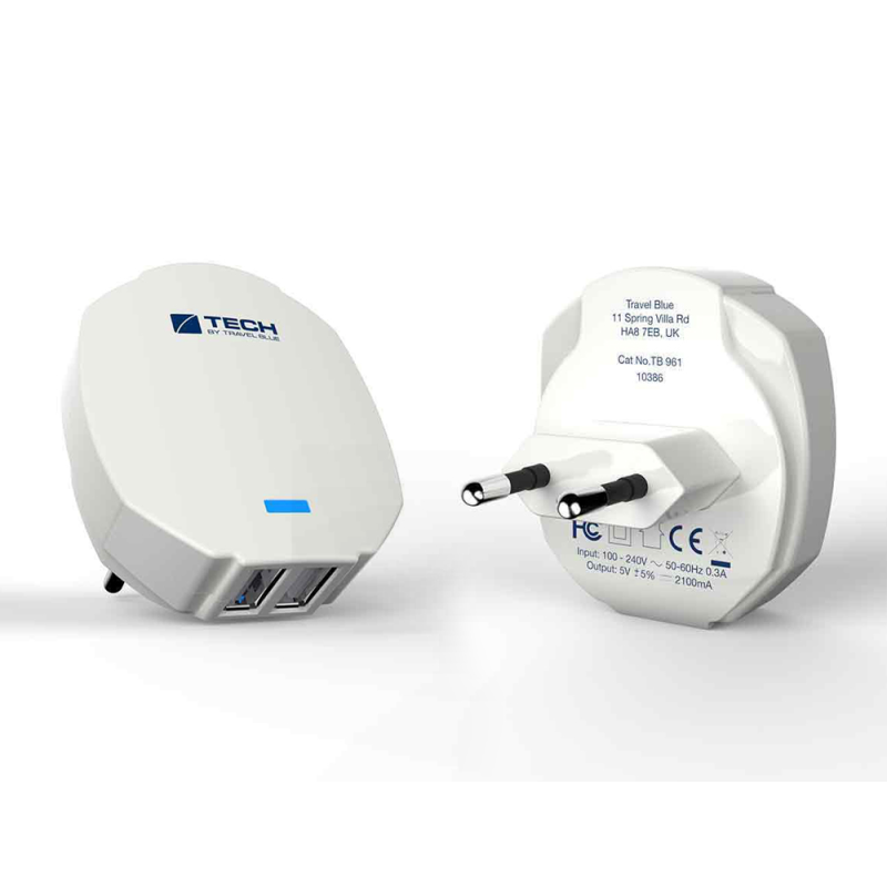 Adaptador de corriente travel blue europa de pared doble usb 2.1a color blanco
