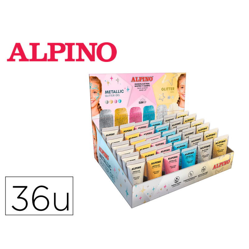 Expositor alpino gel maquillaje 24 glittter gel metalico + 12 glitter gel