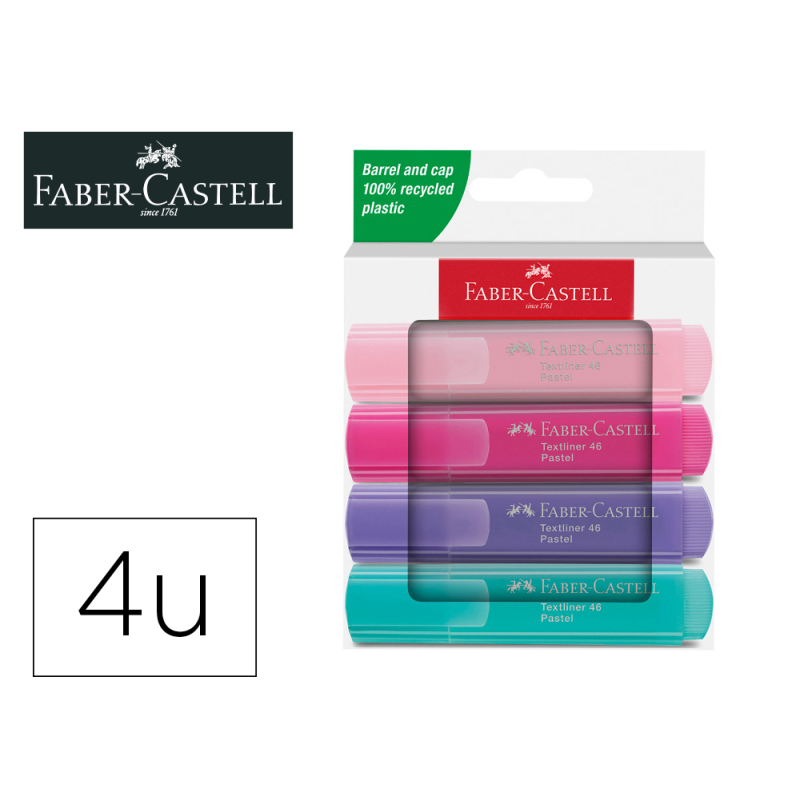Rotulador faber castell fluorescente textliner 46 pastel estuche 4 unidades colores surtidos