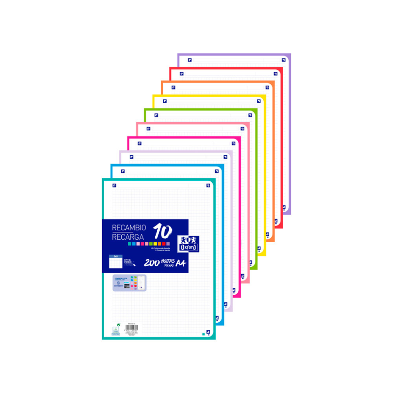 Recambio color oxford a4 160 hojas optik paper+ cuadro 5 mm 4 taladros banda 10 colores