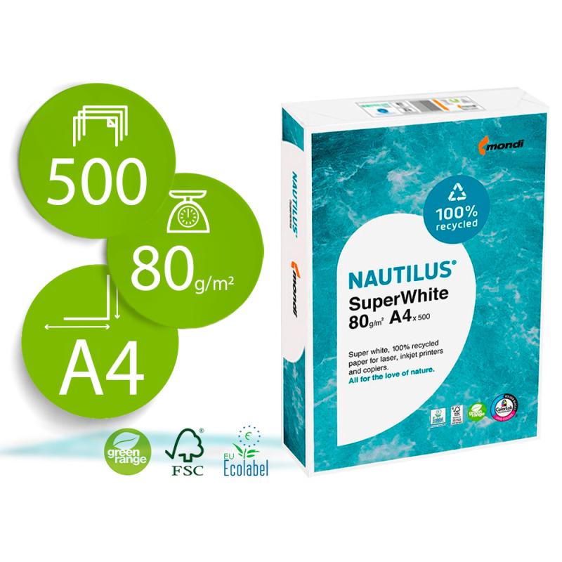 Papel fotocopiadora nautilus superwhite 100% reciclado din a4 80 gramos paquete de 500 hojas