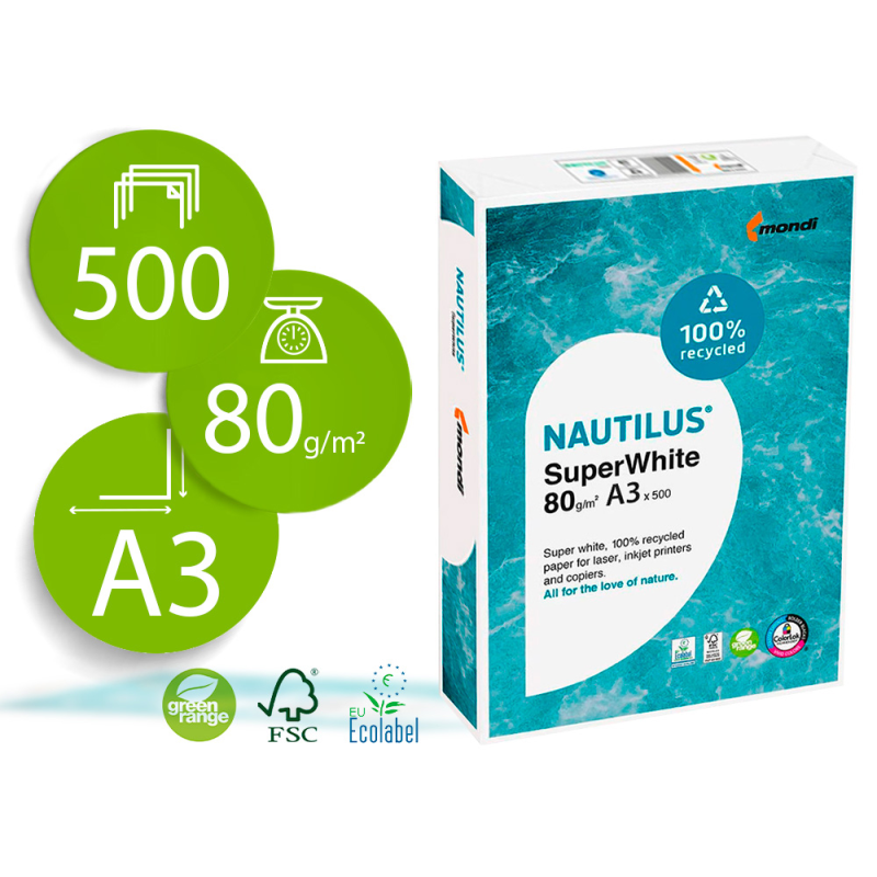 Papel fotocopiadora nautilus superwhite 100% reciclado din a3 80 gramos paquete de 500 hojas