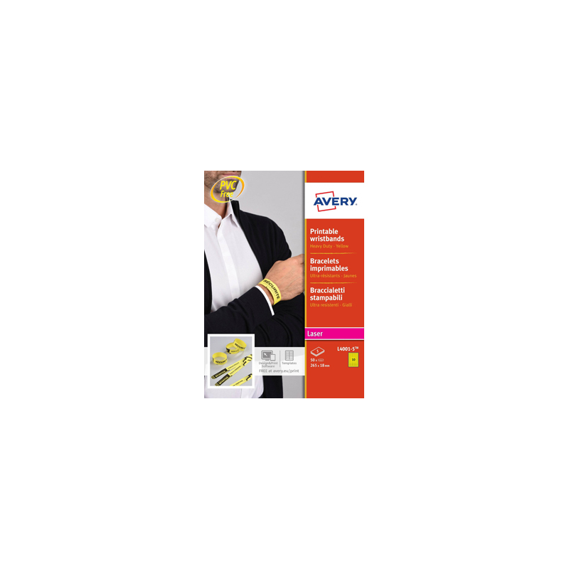 Pulsera identificativa avery polietileno amarillo fluorescente imprimible laser 265x18 mm pack de 50 unidades