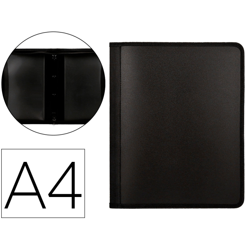 Carpeta liderpapel 4 anillas 25 mm polipropileno cierre cremallera 4 bolsillos interiores con ribete color negro