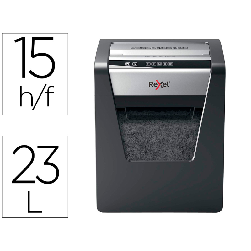 Destructora de documentos rexel momentum x415 capacidad de corte 15 hojas destruye grapas y clips papelera 23 l