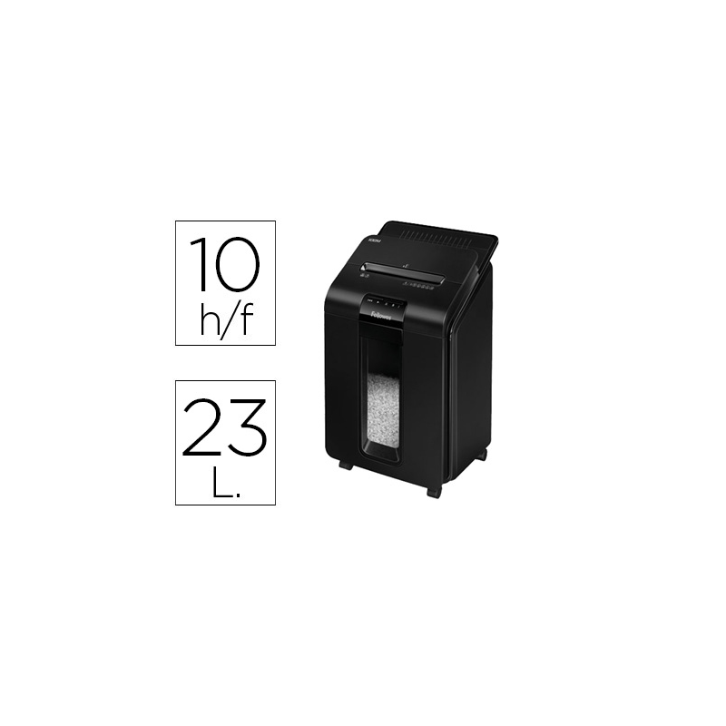 Destructora de documentos fellowes auto+100m capacidad de corte 100 hojas destruye grapas clips y tarjetas 23l