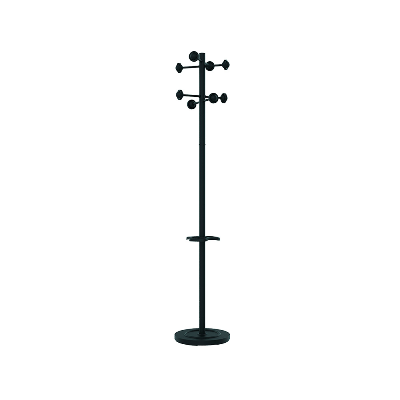 Perchero metalico unilux accueil pie 8 colgadores con paraguero y bandeja goteo negro 177x38 cm