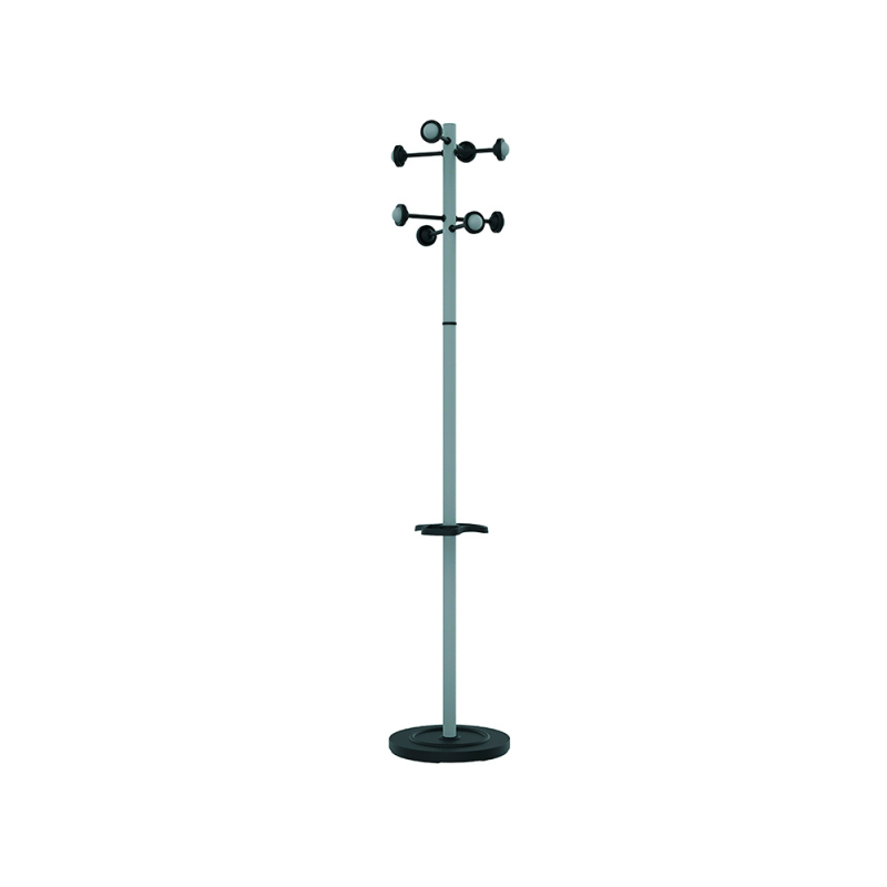 Perchero metalico unilux accueil pie 8 colgadores con paraguero y bandeja goteo gris metalizado 177x38 cm