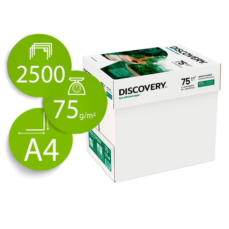 Papel fotocopiadora discovery fast pack din a4 75 gramos papel multiuso ink-jet y laser caja de 2500 hojas
