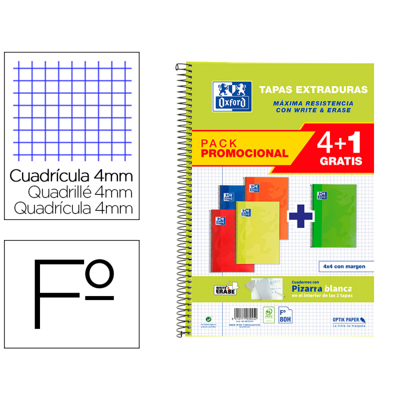 Cuaderno espiral oxford tapa extradura folio 80 hojas cuadro 4 mm con pizarra blancapack 4+1 colores clasicos