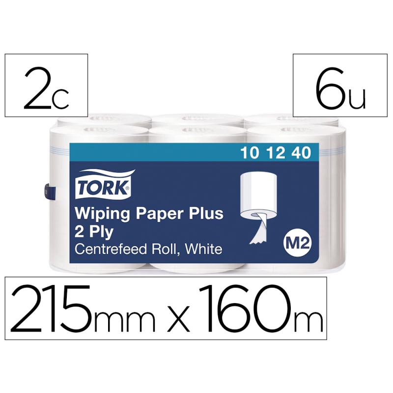 Papel secamanos tork extra ancho 215 mm largo 160 mt 2 capas para dispensador m2 paquete de 6 unidades