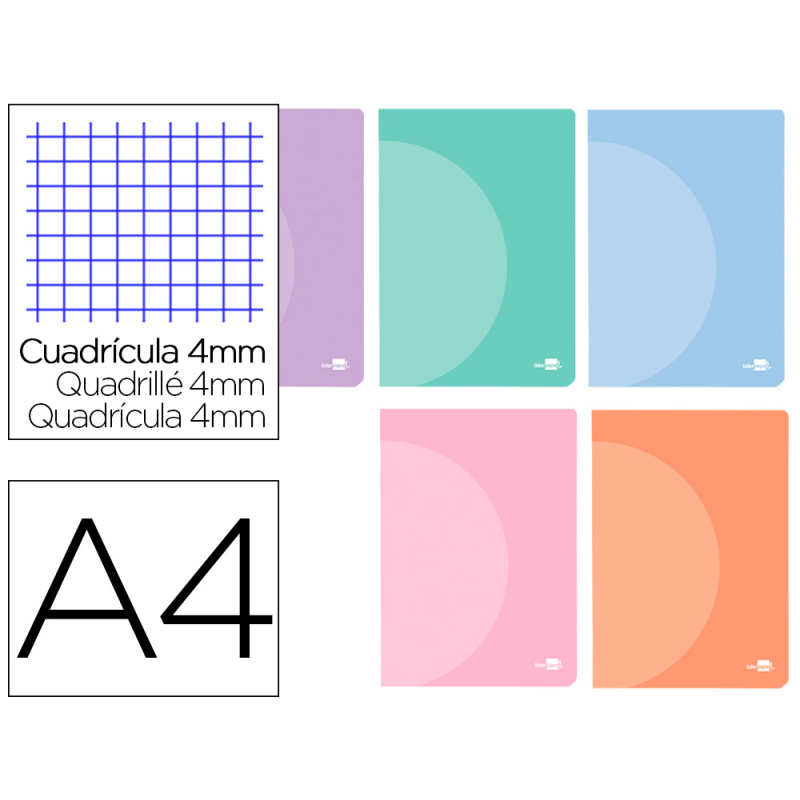 Libreta liderpapel 360 tapa de plastico a4 48 hojas 90gr cuadro 4mm con margen colores pastel surtidos