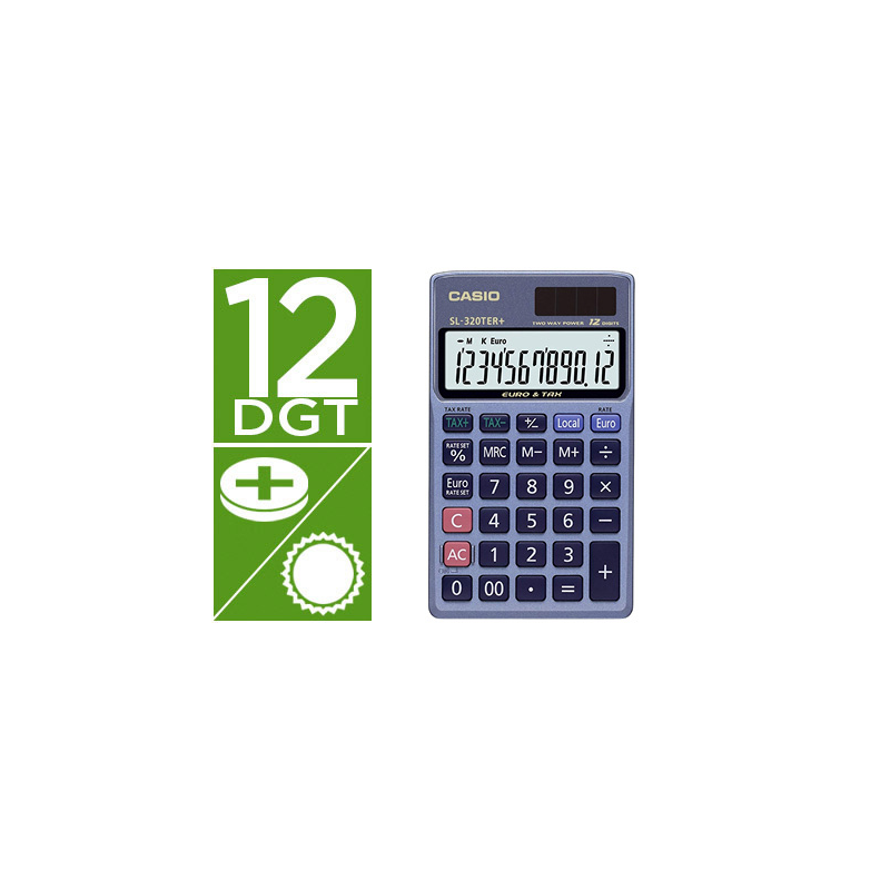 Calculadora casio sl-320ter bolsillo 12 digitos tax +/- conversion moneda tecla doble cero color azul