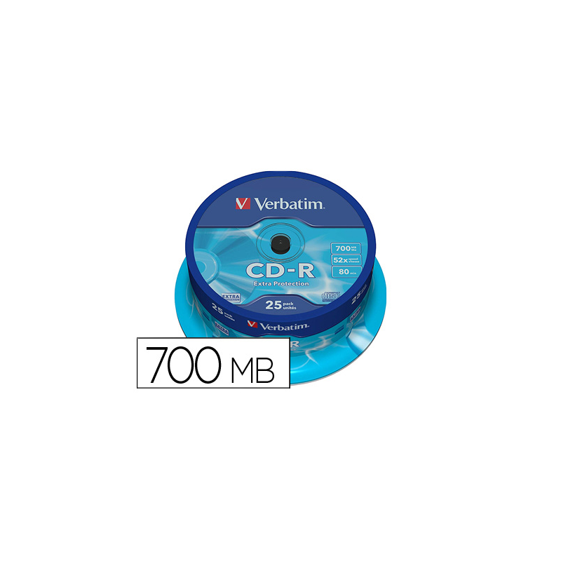 Cd-r verbatim capacidad 700mb velocidad 52x 80 min tarrina de 25 unidades