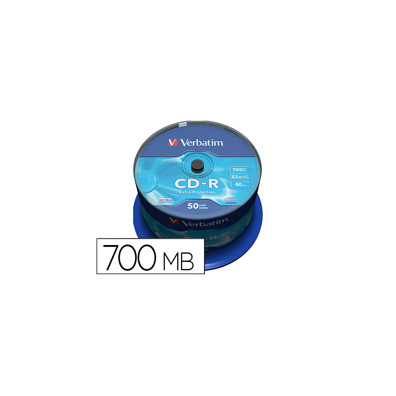 Cd-r verbatim capacidad 700mb velocidad 52x 80 min tarrina de 50 unidades