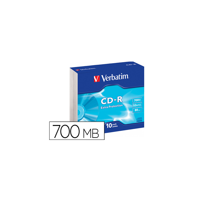 Cd-rom verbatim extra proteccion capacidad 700mb velocidad 52x 80 min pack de 10 unidades caja slim