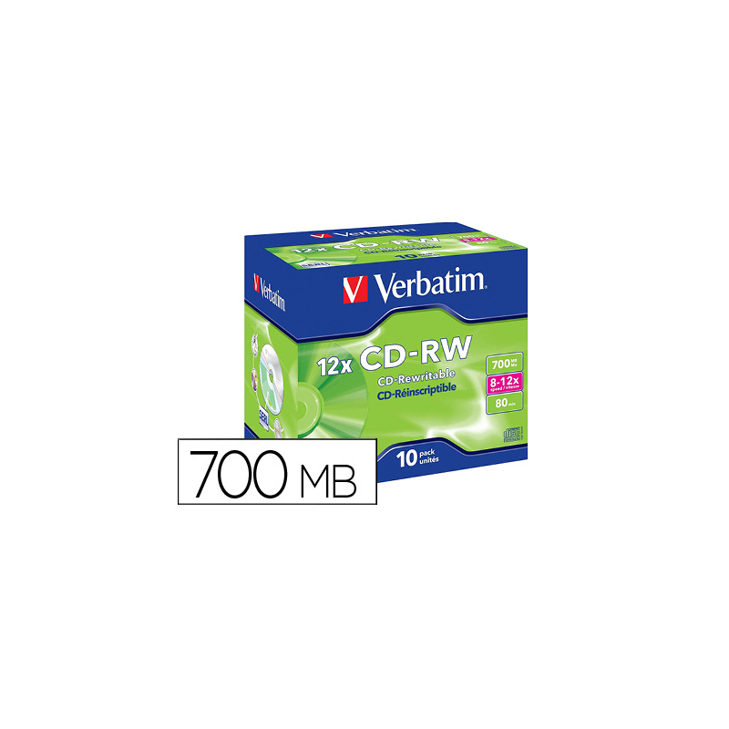 Cd-rw verbatim serl capacidad 700mb velocidad 12x 80 min pack de 10 unidades