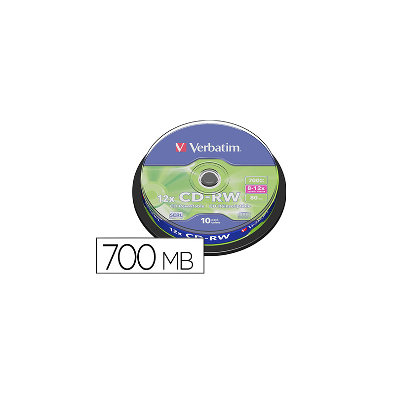 Cd-rw verbatim serl capacidad 700mb velocidad 12x 80 min tarrina de 10 unidades