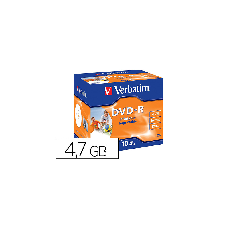 Dvd-r verbatim imprimible capacidad 4.7gb velocidad 16x 120 min pack de 10 unidades