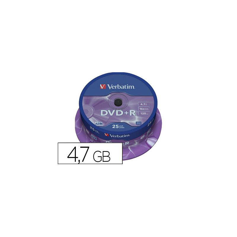 Dvd+r verbatim capacidad 4.7gb velocidad 16x 120 min tarrina de 25 unidades