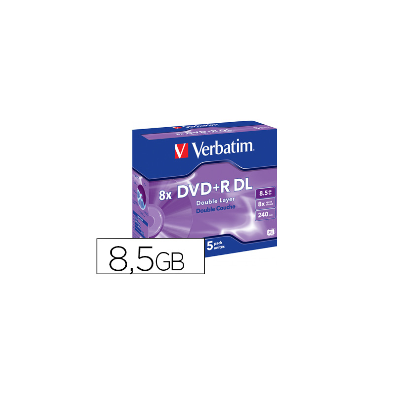 Dvd+r verbatim doble capa capacidad 8.5gb velocidad 8x 240 min pack de 5 unidades