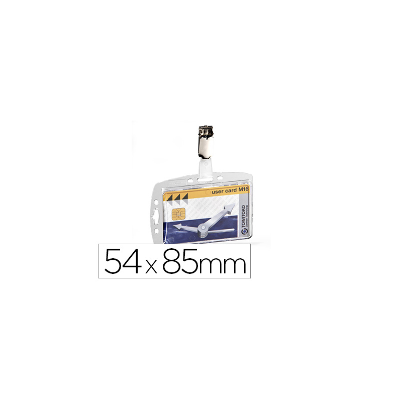 Identificador con pinza giratoria durable acrilico horizontal con uñero para pases de seguridad 54x85 mm