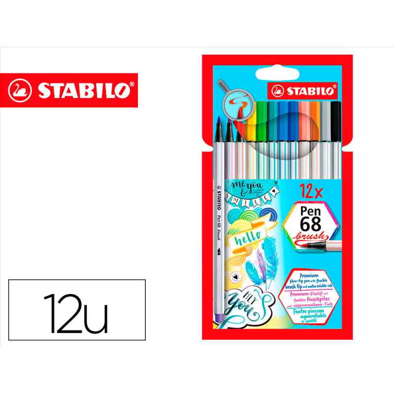 Rotulador stabilo acuarelable pen 68 brush punta pincel estuche de 12 unidades colores surtidos