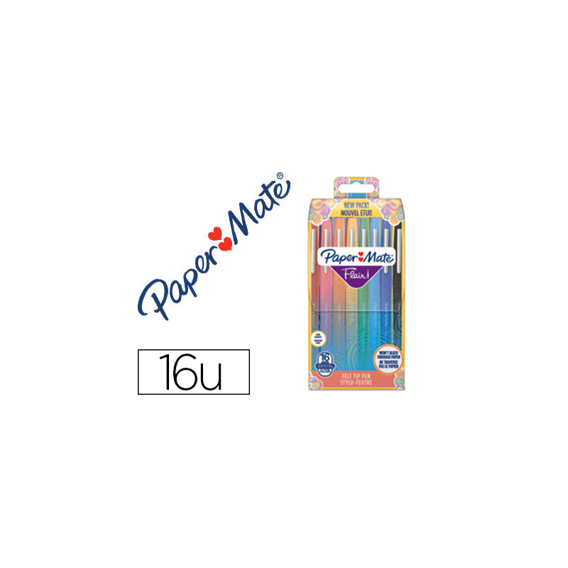 Rotulador paper mate flair original punta fibra tropical estuche rigido de 16 unidades colores surtidos