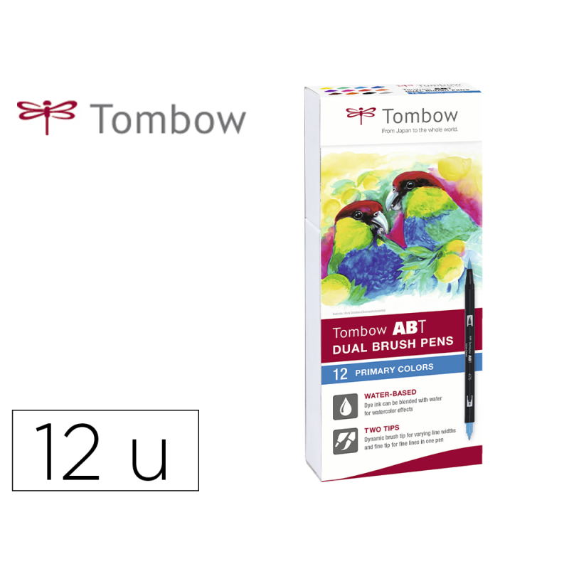 Rotulador tombow abt dual brush acuarelable doble punta fina/pincel estuche de 12 unidades colores primarios