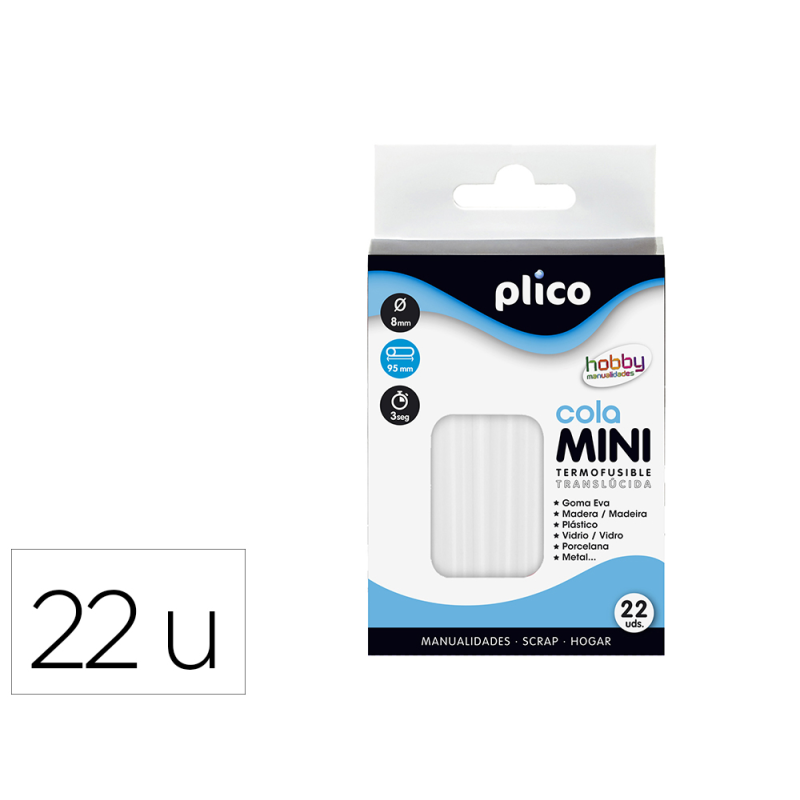 Barra termofusible plico mini translucida 8 mm de diametro x 95 mm de alto blister de 22 unidades