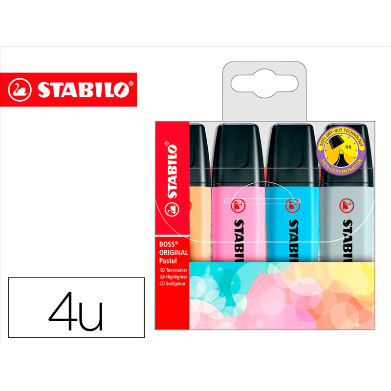 Rotulador stabilo boss fluorescente 70 pastel estuche de 4 unidades colores surtidos