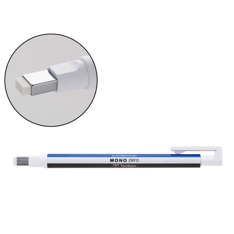 Portagomas tombow mono zero con clip goma rectangular 2,5 x 5 mm color blanco azul y negro