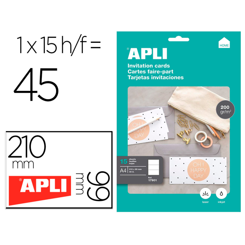 Tarjeta de visita apli invitacion hogar 210x99mm 200gr blanca pack de 15 hojas din a4
