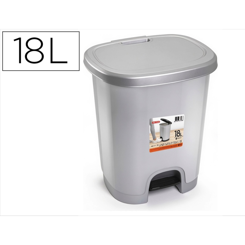 Papelera contenedor plasticforte plastico con tapadera y pedal 18 litros color plata 330x280x405 mm