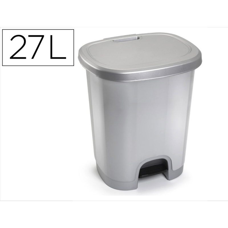 Papelera contenedor plasticforte plastico con tapadera y pedal 27 litros color plata 380x320x450 mm