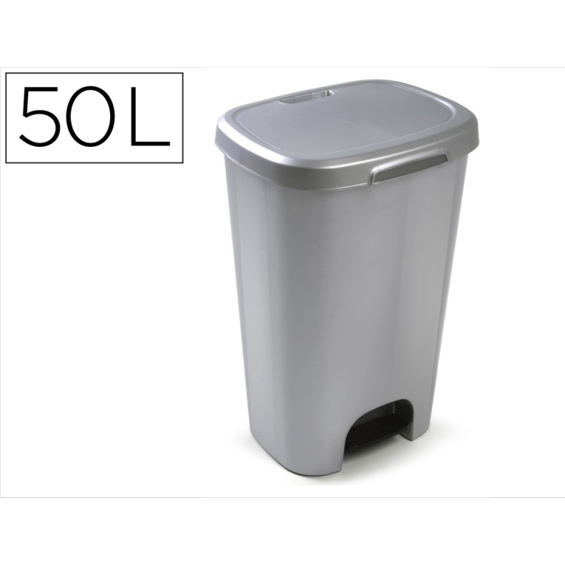 Papelera contenedor plasticforte plastico con tapadera y pedal 50 litros color plata 410x360x635 mm