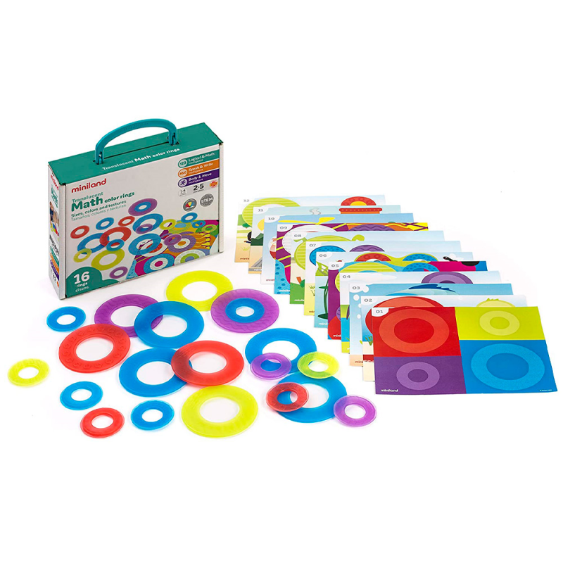 Juego miniland set de 16 aros translucidos y 12 tarjetas de actividades de diferentes tematicas 235x195x80 mm